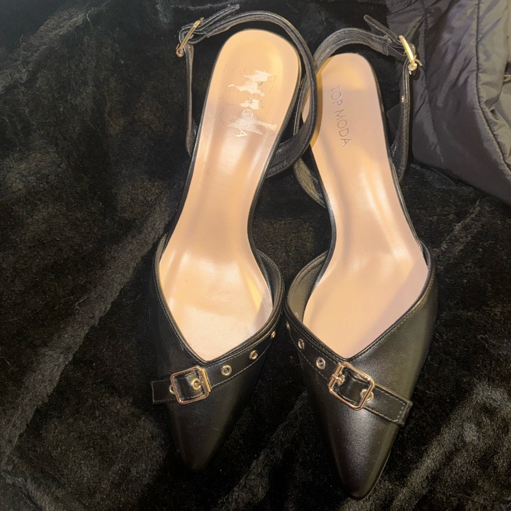 TOP Moda Black Ankle Strap Heels with Gold Buckle